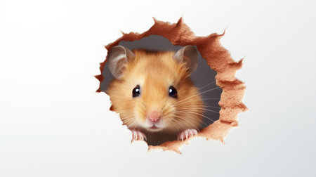 Hamster looking through hole in paper, isolated on white background.の素材