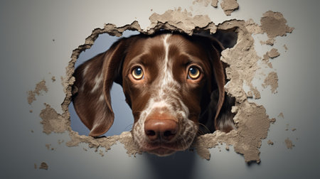 Cute dog looking through hole in grey wall. 3d renderingの素材