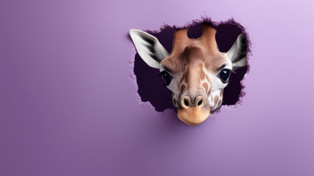 a close up of a giraffe&#39;s face through a hole in a purple wall with a hole in the side of the wall to the giraffe&#39;s face. .の素材