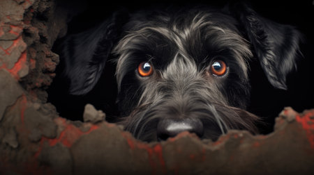 Portrait of a black and white miniature schnauzer in a hole.の素材