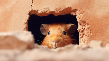 Red guinea pig peeking out of a hole in the wallの素材