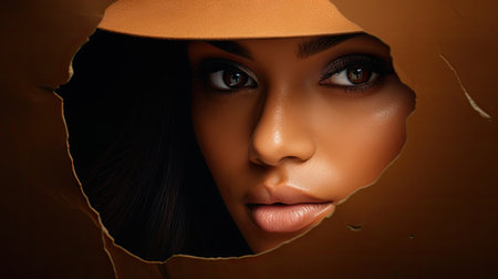 Close-up portrait of a beautiful woman looking through a hole in paperの素材