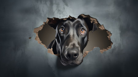 Black dog looking through hole in grey wall with space for your textの素材