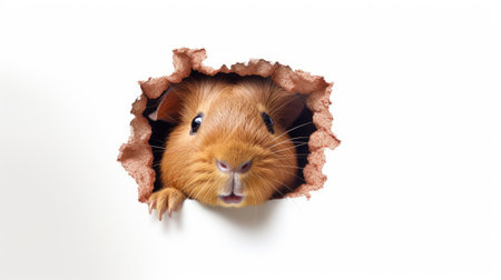 Guinea pig peeking out of hole in white paper isolated on white backgroundの素材