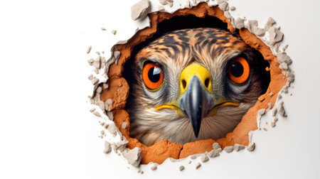 Falcon looking through a hole in a paper wall with copy spaceの素材