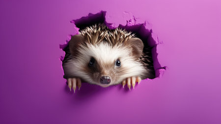 hedgehog peeking out of a hole in a purple paperの素材