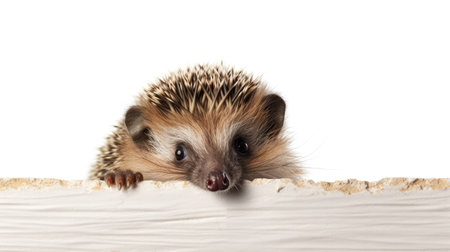 Hedgehog peeking from behind a piece of paper, isolated on whiteの素材