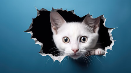 White cat peeking through a hole in blue paper with copy spaceの素材
