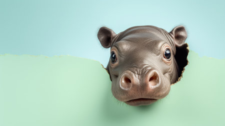 Hippopotamus head peeking through a hole in green paperの素材