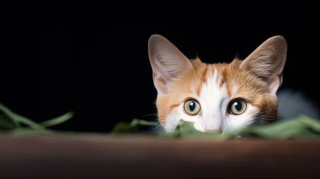 Cute ginger cat with green leaves in front of black background.の素材