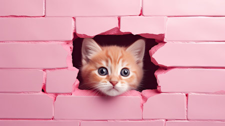 Cute red kitten peeking out of hole in pink brick wallの素材
