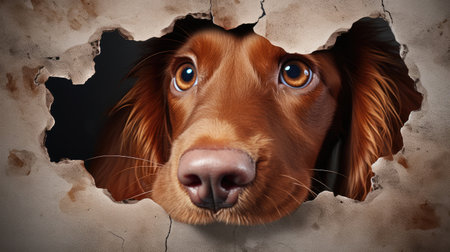 Cute dog looking through hole in paper. Dog looking through hole in paper.の素材
