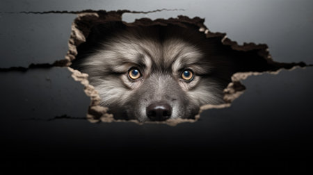 Pomeranian dog peeking through a hole in the wall.の素材