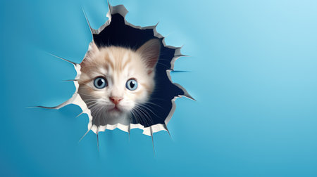 Cute cat looking through hole in blue paper. 3d illustrationの素材