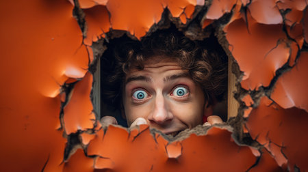 Scared young man peeking through hole in orange wall looking through holeの素材