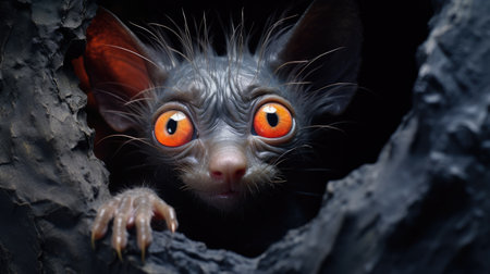 Funny rat with orange eyes looking out of a hole in a black wallの素材