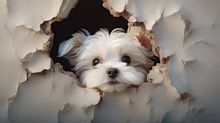 White Maltese dog peeking out of a hole in a paperの素材