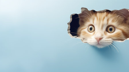 Cute ginger cat peeking out of a hole in blue paperの素材