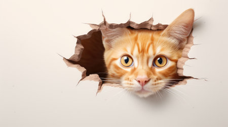 Ginger cat peeking through a hole in white paper background.の素材