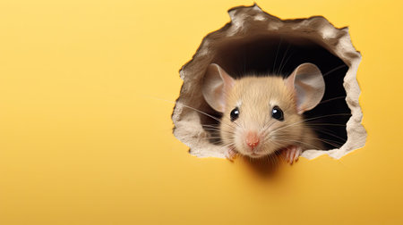 Cute little mouse peeking through hole in paper on yellow backgroundの素材