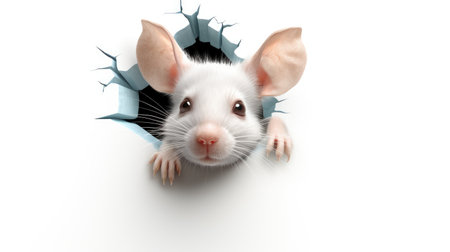 White mouse coming out of a hole in white paper. 3D renderingの素材