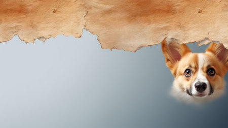 Cute corgi dog peeking from behind a piece of paperの素材