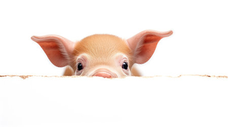 Cute little pig peeking out of a hole isolated on white backgroundの素材