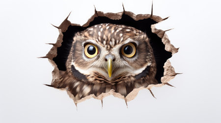 Little owl looking through hole in white background. 3d illustration.の素材