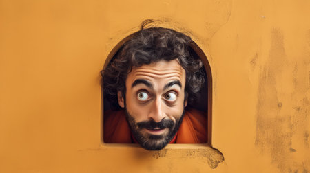 Funny man looking through a hole in yellow wall. Man in orange robeの素材