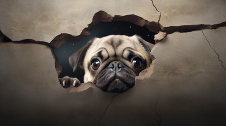 Pug dog peeking through a hole in the wall. Mixed mediaの素材