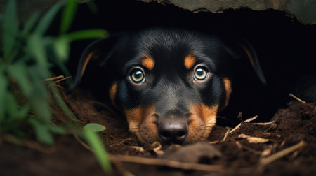 Portrait of a black and tan rottweiler lying in a holeの素材