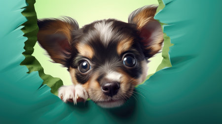 Cute chihuahua puppy peeking through torn green paperの素材