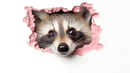 puppy peeking out of hole in paper on white backgroundの素材