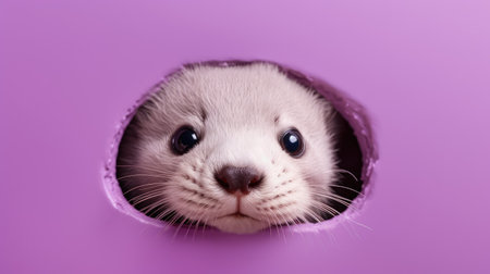 Cute ferret peeking out of hole in purple paper.の素材
