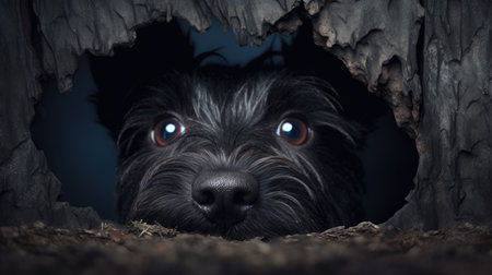 Portrait of a dog in a hole on a dark background.の素材