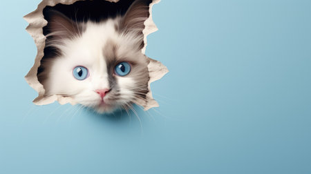 Cute cat peeking out of a hole in paper on blue backgroundの素材