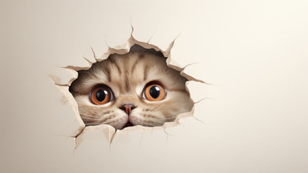 Funny cat looks through a hole in the wall. The cat looks through the hole.の素材