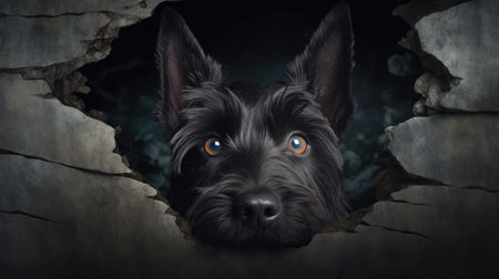 Portrait of a dog looking through a hole in the wall.の素材