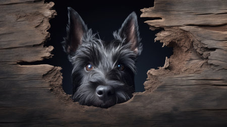 Cute Yorkshire Terrier looking through hole in wooden wall, 3d renderingの素材