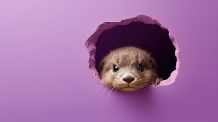 Cute little otter peeking out of hole in purple paperの素材