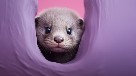 Baby ferret peeking out of a hole in a purple sheetの素材