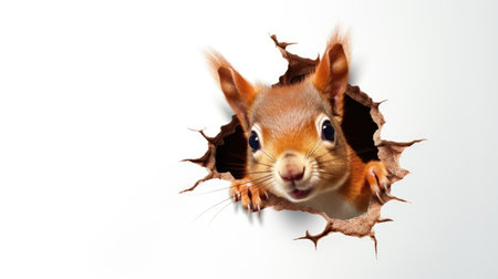 Eurasian red squirrel peeking through a hole in white backgroundの素材