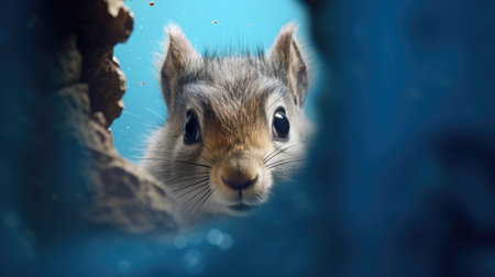 Close-up portrait of a gray squirrel on a blue background.の素材