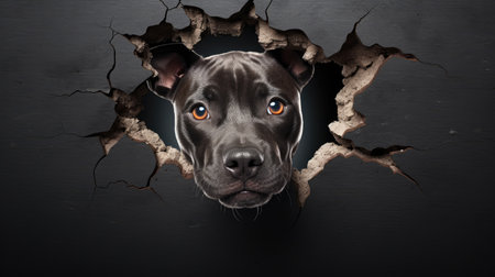 Dog looking through hole in black wall. Collage with pitbullの素材