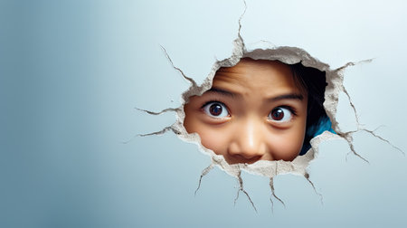 Young asian woman looking through hole in wall and looking at cameraの素材