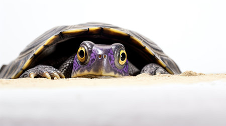 Portrait of a turtle on a white background, close-upの素材