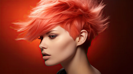 Portrait of a beautiful woman with pink hair on a red backgroundの素材