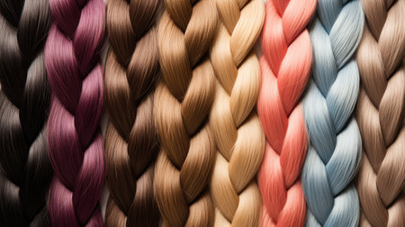 Multicolored hair braids as a background. Close-up.の素材