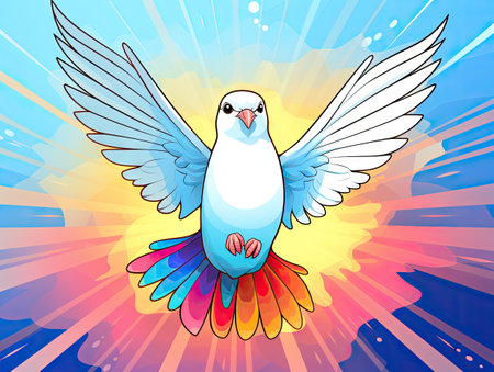 Vector illustration of a flying pigeon on a colorful background with rays.の素材