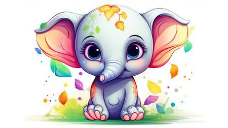 Cute baby elephant sitting on the grass and smiling. Vector illustration.の素材
